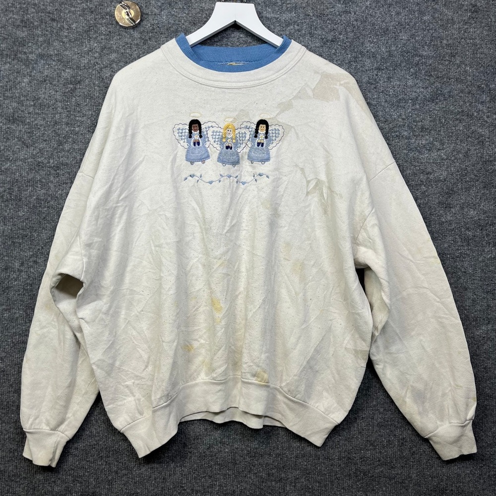 Unbranded Sweatshirt Mens L White Good Vintage 90s Embroidered Angels Oversized